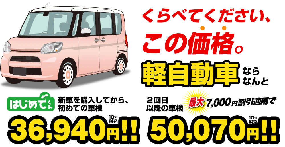 はじめてくん 軽自動車ならなんと36,940円！２回目以降の車検は50,070円！